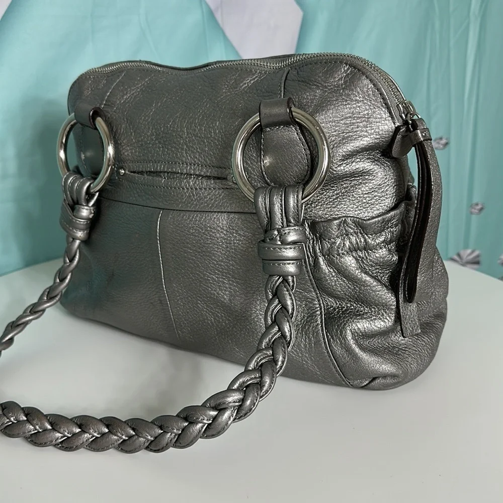 B. MAKOWSKI Pebbled Leather Hobo Bag A211928 Grey Pockets Braided Straps Classic